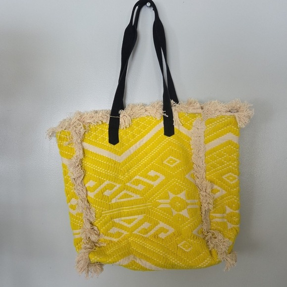 Raj Anthropology Yellow Black Fringe Embrodiered Leather Shoulder Bag Tote Purse - Picture 4 of 16